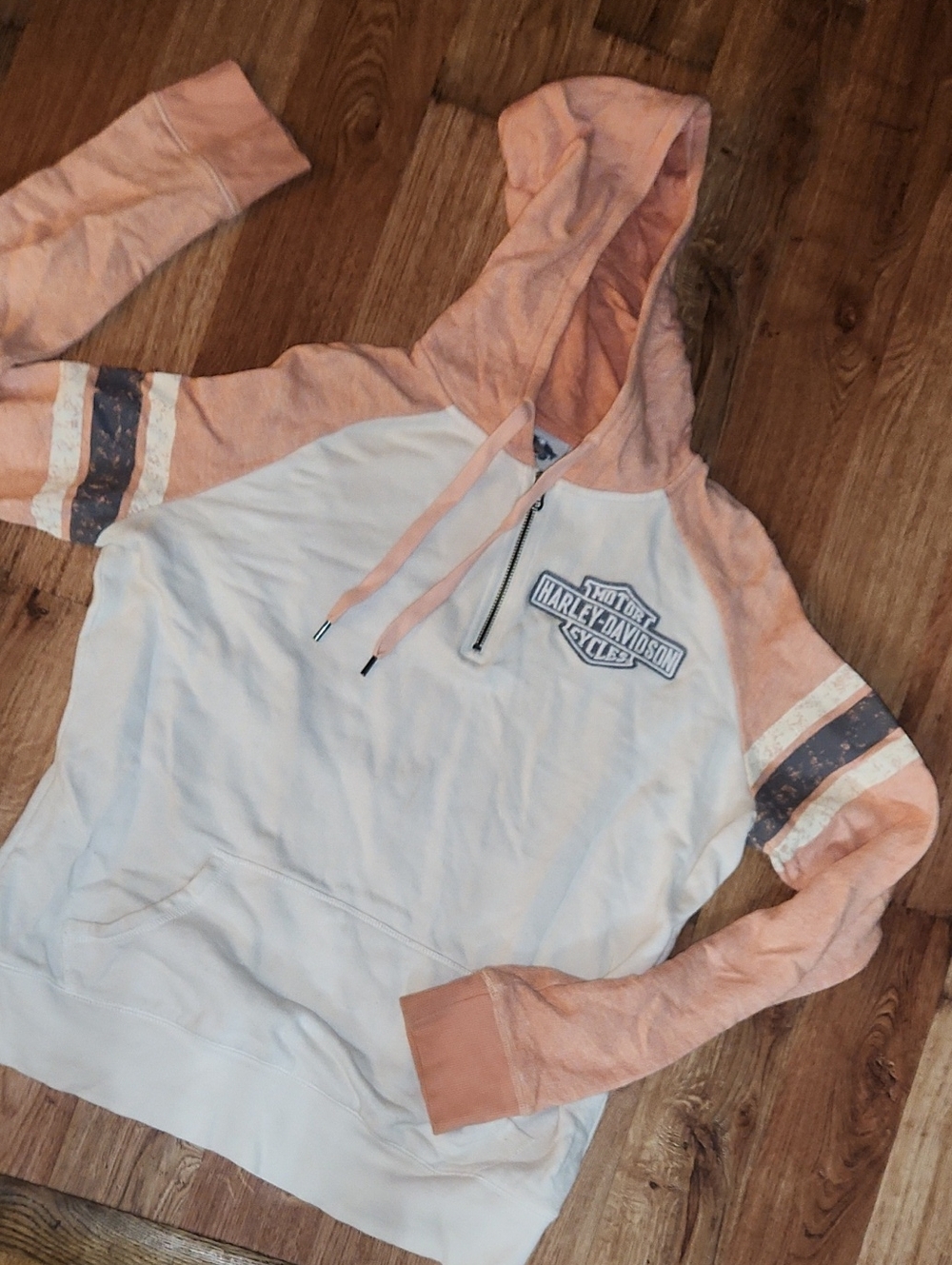 Harley-Davidson Peach & White Raglan Hoodie with Striped Sleeves